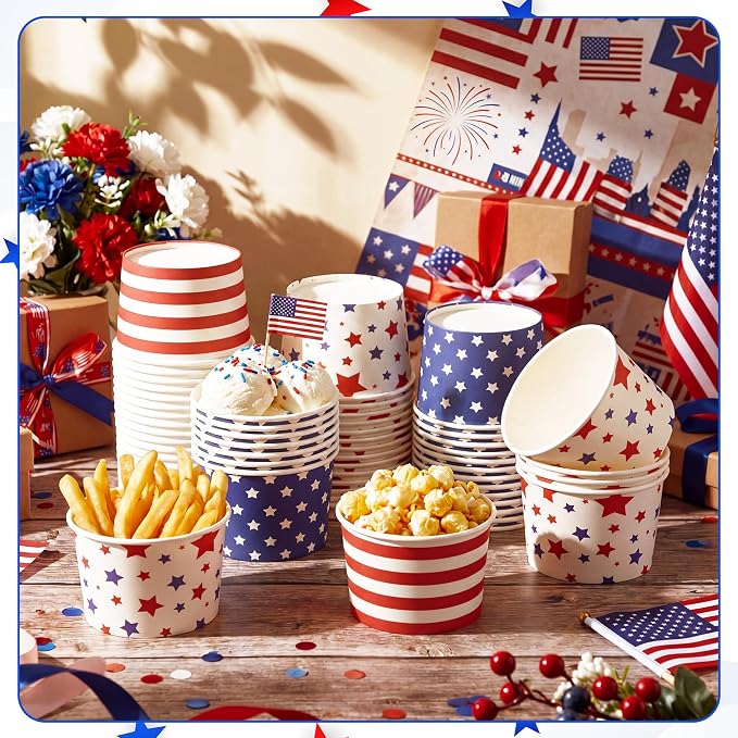 CHENGU 60 Pcs 4th of July Snack Cups 9 oz Patriotic Ice Cream Paper Bowls - Image 6