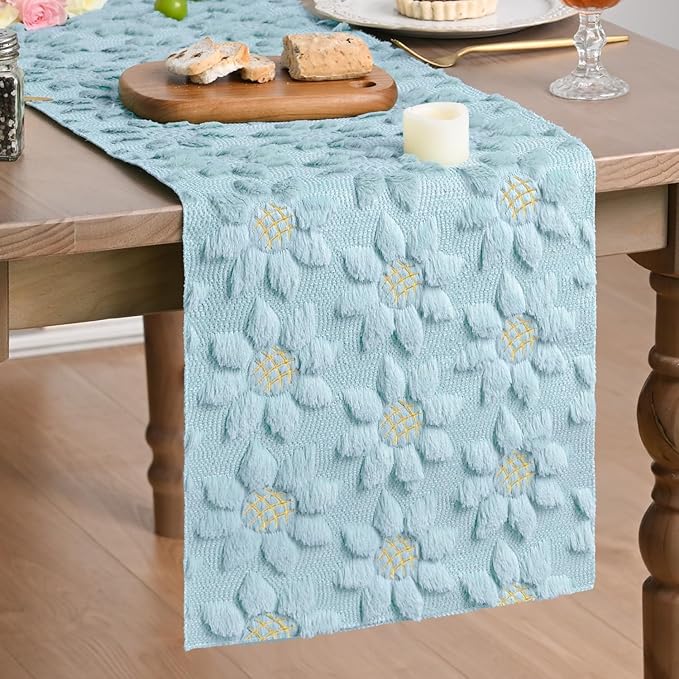 Artoid Mode Blue Soft Plush Faux Fur Jacquard Embroidery Sunflower Spring Table by ArtoidMode