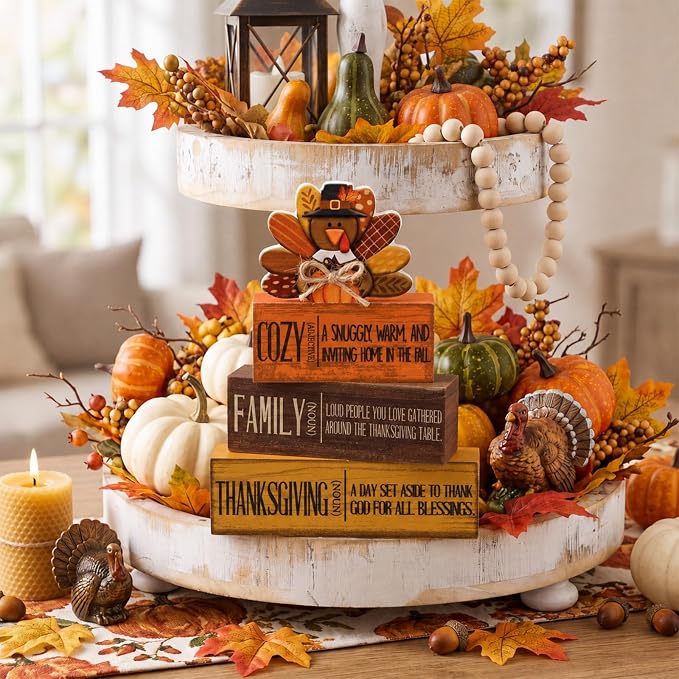 Moucuny 4 Pcs Fall Decorations for Home Wooden Turkey Decor Thanksgiving Tiered - Image 3