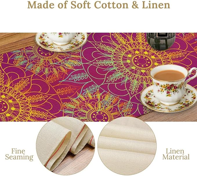 YCness Mandala Table Runner Abstract Colorful Modern Art Golden Purple Kitchen - Image 6