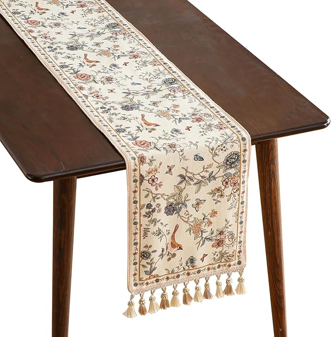 Designer French Linen Extra Long Table Runner, Floral Bird Pattern, Dining Table by Isaennehomedecoration