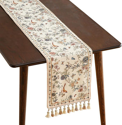 Designer French Linen Long Table Runner, Floral Bird Pattern, Dining Table by Isaennehomedecoration