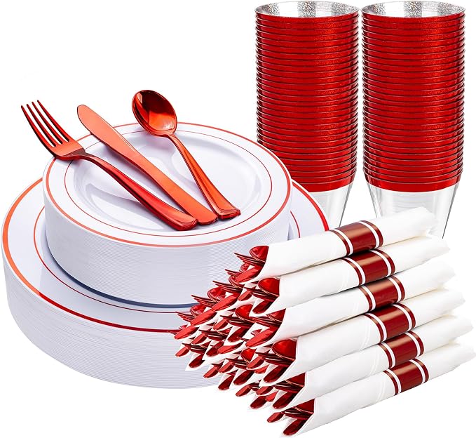 WELLIFE 210 Piece Red Plastic Dinnerware Set, Disposable Plates by WELLIFE