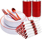 WELLIFE 210 Piece Red Plastic Dinnerware Set, Disposable Plates by WELLIFE