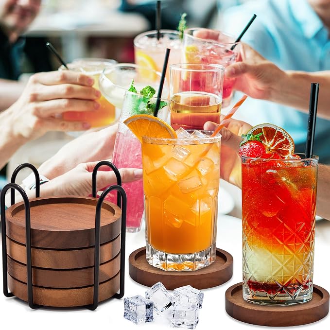 Wood Drink Coasters with Holder, Natural Absorbent Wooden Coasters - Image 6