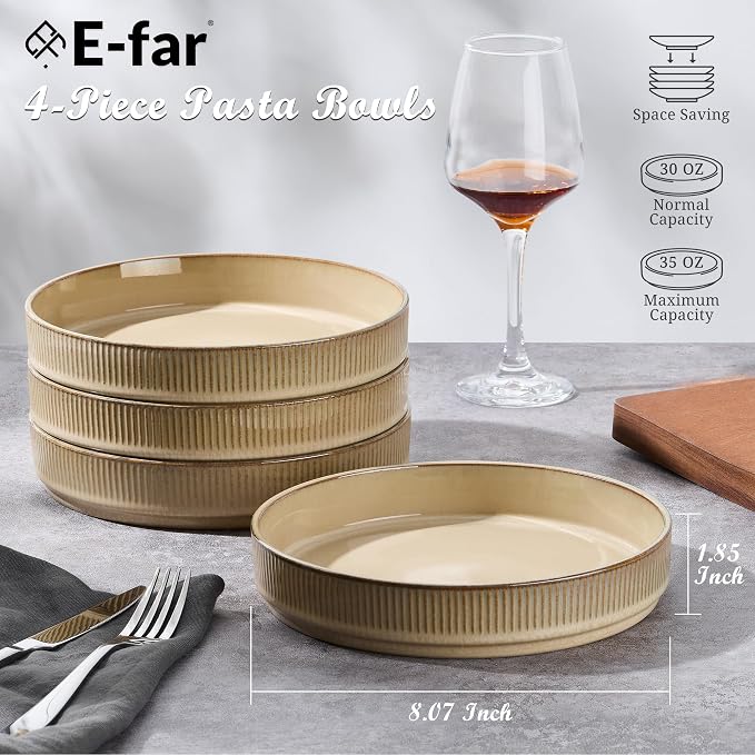E-far Pasta Bowls Set of 4, 35oz Large Salad Bowl Plate - Image 2
