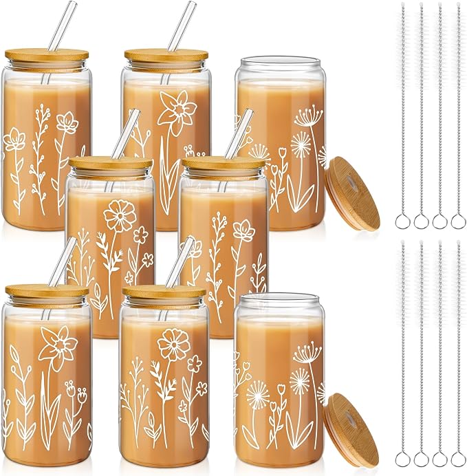Mumufy 8 Pack Glass Cups Gift Aesthetic Cute Glass Cup Tumbler Flower Iced by Mumufy
