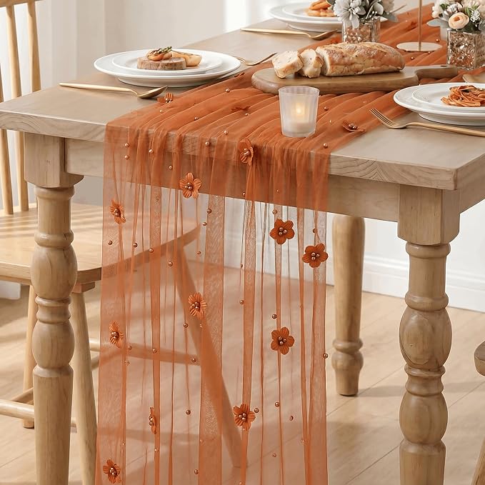 Artoid Mode Caramel Flower Pearl Pink Gauze Table Runner 10FT 3PC, Seasonal - Image 3