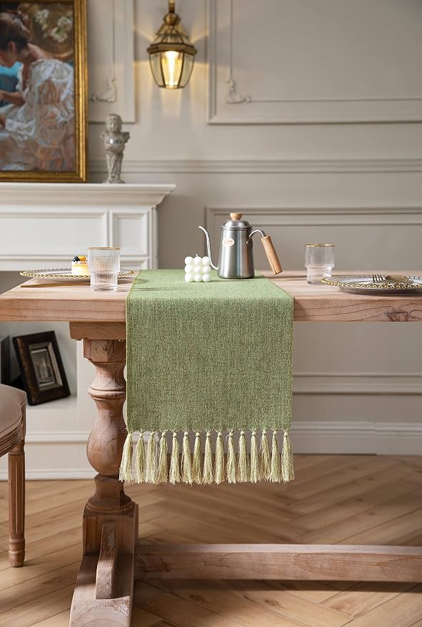 Green Table Runners 48 Inches Long, Burlap Linen Style Rustic Farmhouse Table - Image 2