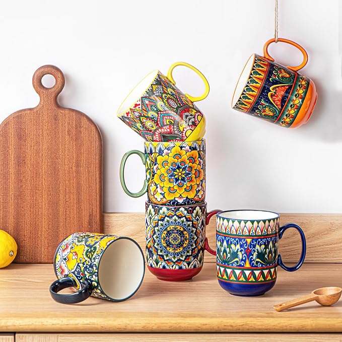 Henten Home Ceamic Coffee Mug Set of 6, 14 oz Colorful Latte Cup - Image 3