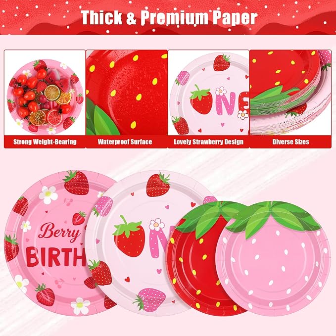 Kochorie 96 Pieces Berry First Birthday Decor Disposable Strawberry Tableware - Image 3