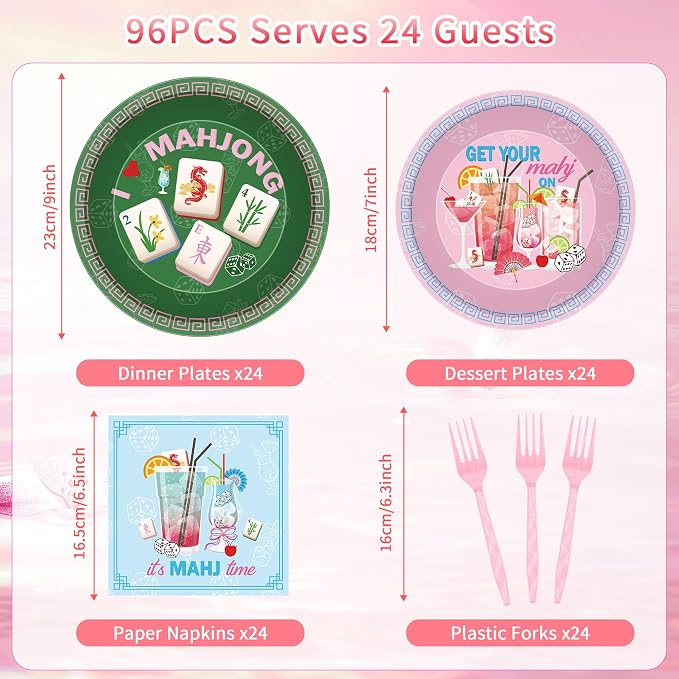 96 Pcs Mahjong Party Decorations, Mah Jong Cocktail Theme Plates Napkins Forks - Image 2