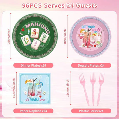 96 Pcs Mahjong Party Decorations, Mah Jong Cocktail Theme Plates Napkins Forks - Image 2