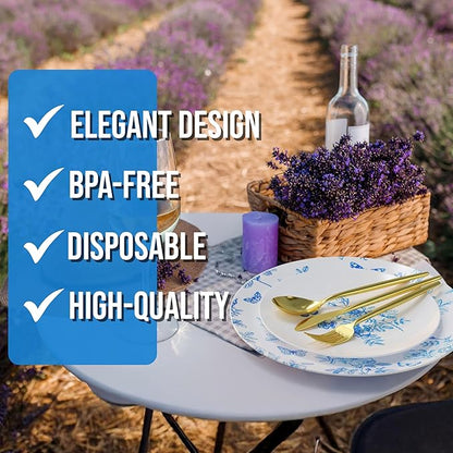 Trendables Fancy Plastic Dinnerware Sets 100 Pc Set 20 Guests Gold Silverware Disposable 20 X 10 Inch Charger Plates 20 X 8 Inch Dessert Plates 20 x Gold Plastic Forks and Spoons Knives In Botanical