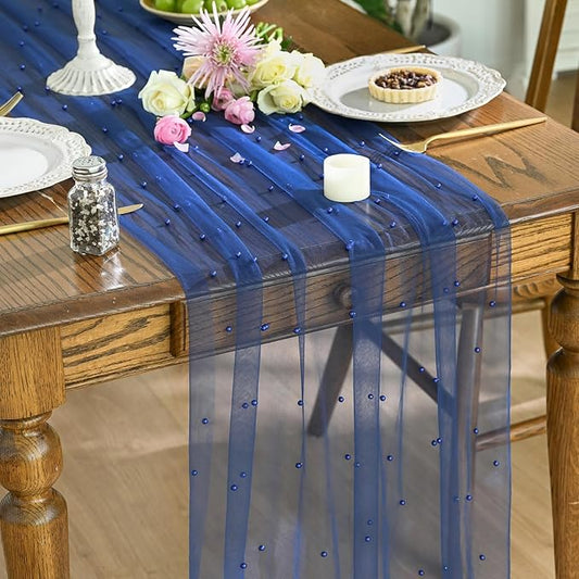 Artoid Mode Pearl Light Bule Gauze Table Runner 59x120 Inch , Seasonal Sheer Kitchen Dining Holiday Wedding Birthday Baby Shower Table Decor for Home Party