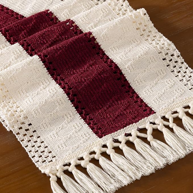 DeZerlor Ivory&Burgundy Boho Macrame Farmhouse Woven Table Runner 90Inch | - Image 2