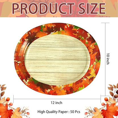 50Pcs Fall Oval Paper Plates 10" x 12" Large Disposable 400GSM Heavy Duty Fall Maple Leaves Wooden Grain Dessert Platters Autumn Party Decorations for Thanksgiving Harvest Holiday Party Supplies