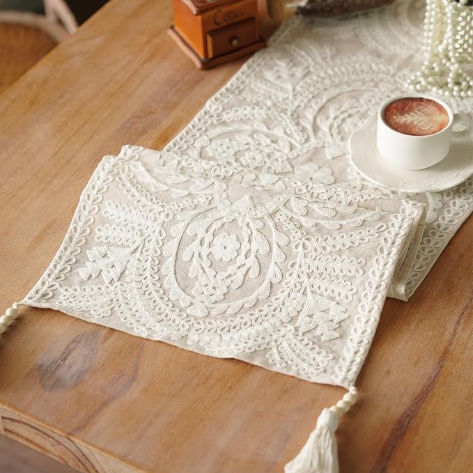 Embroidered Dresser Runner Lace Boho Scarf, 4 Tassel Pendants, Layered Accent by ARTBLOSS