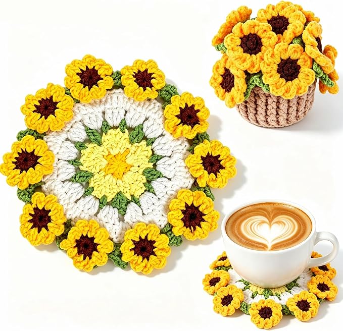Crochet Coasters for Desk Decor Crochet Sunflower Gifts for Women | Crochet by Vbepos