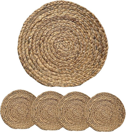 ANDSTAR Round Woven Placemats Set of 4, 12"x12", Natural Wicker Placemats, Water Hyacinth Straw Braided Placemats,Boho Place Mats for Farmhouse, Rustic Table (Water Hyacinth in Natural Color)