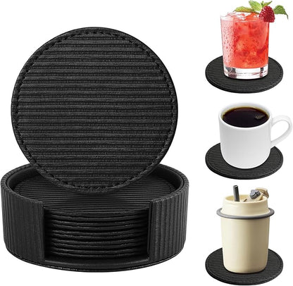 6 Pcs Premium Leather Coasters with Holder, Tabletop Protection, Coffee Table & Bar Decoration, Modern-Style Drink Coasters Suitable for Home Dining Tables & Kitchen Accessories (Black Stripe)
