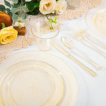 WELLIFE 600 PCS Gold Glitter Disposable Dinnerware Set for 100 Guests, Plastic Plates for Party, Including 100 Dinner Plates, 100 Salad Plates,Cups,Silverware Set for Wedding and Party Supplies
