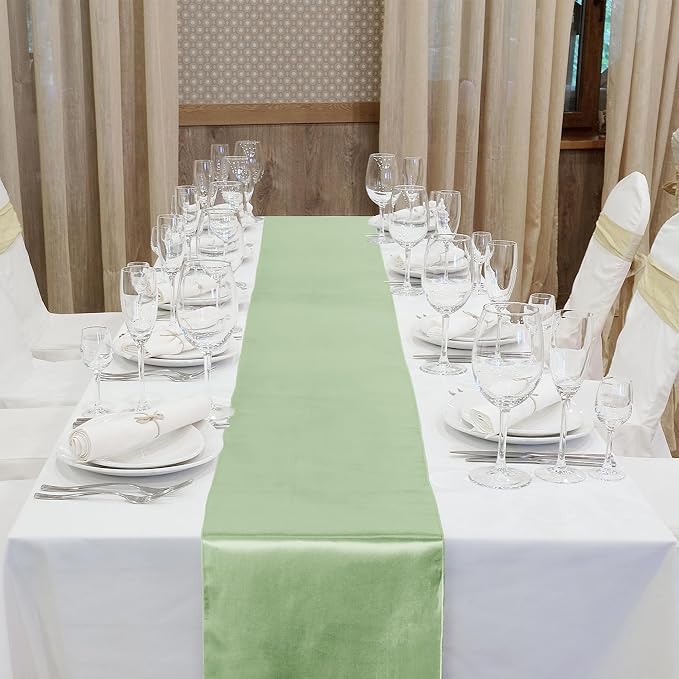 Aneco 12 Pack Satin Table Runner 12 x 108 Inch Sage Green Long Wedding Satin - Image 4