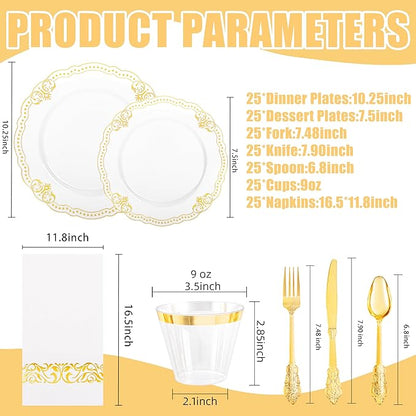 Ciaell 175 PCS White and Gold Plastic Plates - Fancy Gold Disposable Dinnerware Set with of 50 Plastic Plates, 25 Knives, 25 Forks, 25 Spoons, 25 Cups, 25 Napkins for Wedding, Party