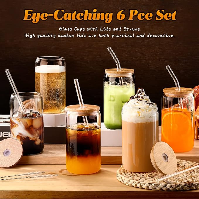 Glass Cups with Lids and Straws 6 pcs, 16 oz-DWTS Cute Tumbler, Beer Drinking - Image 5