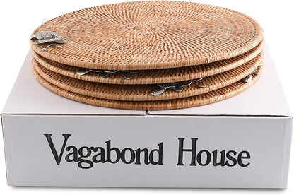Vagabond House Round Wicker Placemats with Pewter Orchid Accent, Set of 4, 15.5 Inches Diameter - Hand-Woven Rattan, Elegant and Durable, Perfect for Enhancing Table Decor and Protection