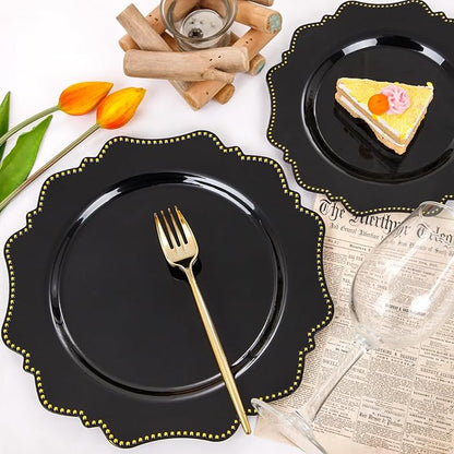 COLOSUS 60pcs Disposable Plastic Plates Set, Gold Black Party Plates, 30pcs Dinner Plates and 30pcs Salad/Dessert Plates for Wedding, Party, Anniversary, Daily Use，New Year