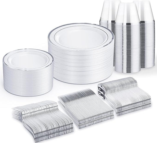 WELLIFE 450 PCS Silver Disposable Dinnerware Set for 75 Guests, Wedding Plates Silver Plastic Plates for Party, Including 75 Dinner Salad Plates, Cups, Forks Knives Spoons for Wedding and Party