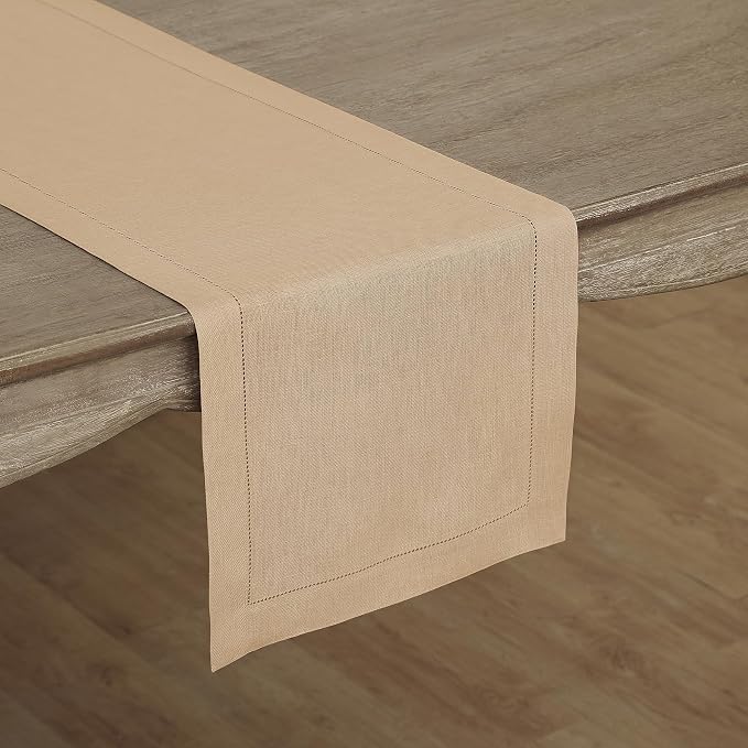 Solino Home 100% Pure Linen Dining Table Runner Beige Hemstitch, 14 x 90 in | by SolinoHome