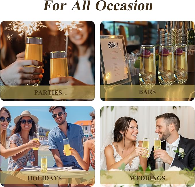 Bestluck 48 Pack 9 oz Stemless Plastic Champagne Flutes Gold Rim | Clear - Image 6