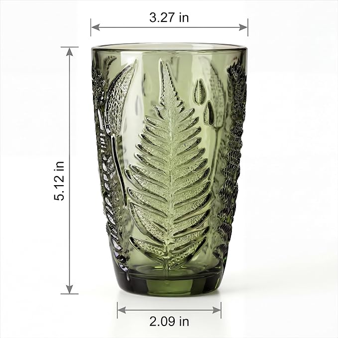 Green Drinking Glasses Set of 8, 12 oz Glass Cups, Vintage Fern Glassware | - Image 4