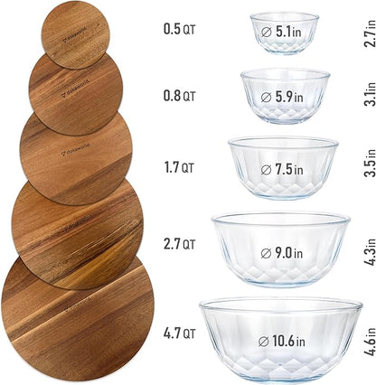 Large Stackable Set of 5 Nesting Glass Bowls with Acacia Lids for Foodprep, Storage, Baking, Sourdough Mixing & Cooking. Microwave & Oven Safe Heat Resistant Inert Borosilicate Glass