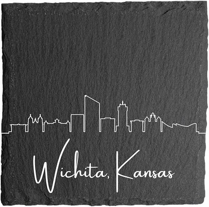 Blue Ridge Mountain Gifts - Wichita KS Skyline Coasters, Set of 4 - Wichita Kansas Souvenir, Slate Coasters with Minimalist Skyline, Housewarming Gift for Friends, Family, & Neighbors
