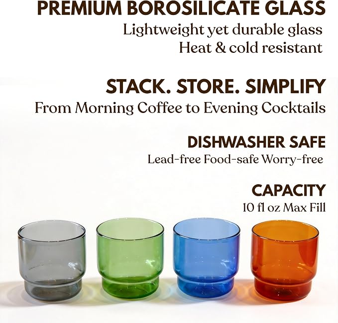 Bodega Glasses Set, 8 oz Stackable Short Glasses 4-piece | Built-in Color - Image 5