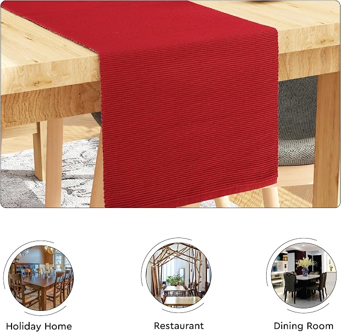Encasa XO Table Runner, Yarn Dyed Ribbed Cotton 13"x59" | Solid Red, 12-Ply - Image 4