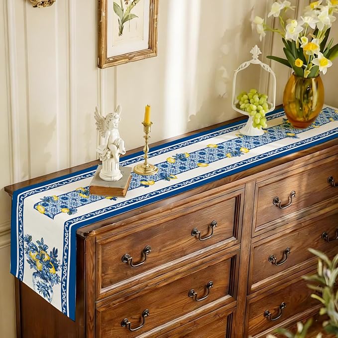 Summer Amalfi Coast Lemon Floral Table Runner Flowers Burlap Table Runners - Image 8