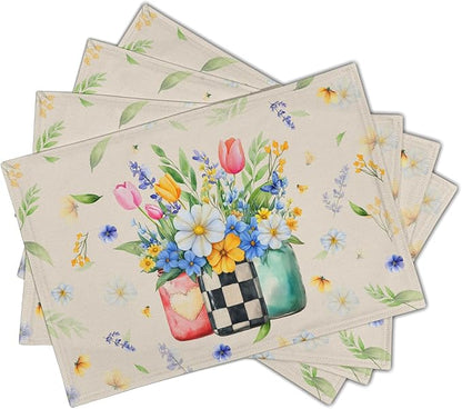 Giwawa Spring Flower Vases Placemats Set of 4 Watercolor Floral Mason Jar Place Mat 12x18 Inch Wildflower Botanical Plant Table Mats Heat Resistance for Kitchen Dining Party Picnic Decor