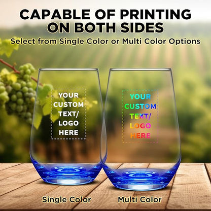 DISCOUNT PROMOS 50 Vaso Silicia Stemless Wine Glasses Set, 16 oz. - Personalized Text, Logo - Clear, Orb-Like, Thick base - Blue