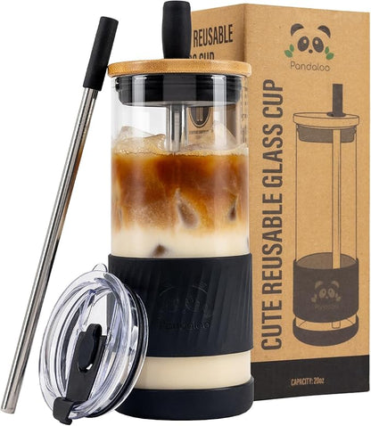 Pandaloo® Glass Cups With Lids and Straws -20 Fl Oz- Perfect Size Iced Coffee by Pandaloo