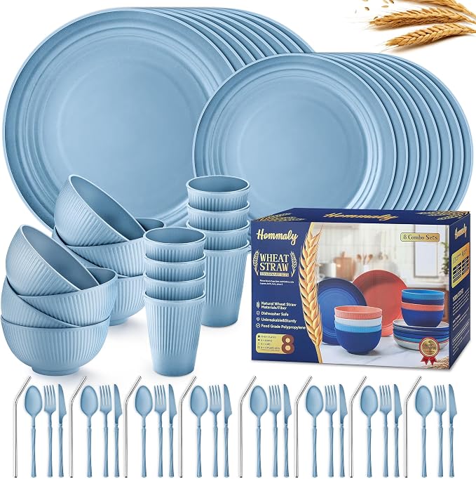 Wheat Straw Dinnerware Sets, 64-Piece Plates and Bowls Sets by HOMMALY