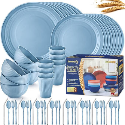 Wheat Straw Dinnerware Sets, 64-Piece Plates and Bowls Sets by HOMMALY