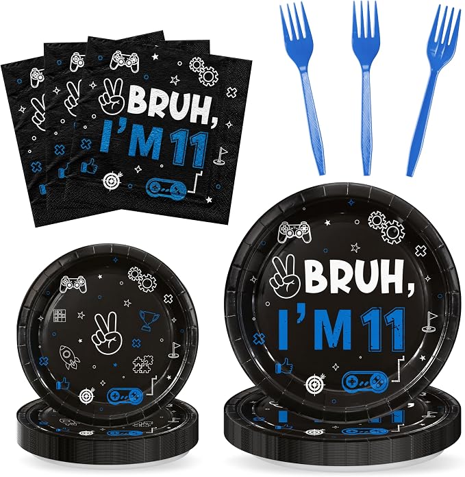 96Pcs 11th Birthday Party Plates Supplies Bruh I’m 11 Years Old Blue Black by G1ngtar