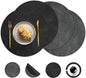 Round Placemats and Coasters Set of 4, Washable Reversible Faux Leather Placemats Cowhide Pattern Place Mats Wipeable Non-Slip 15 inch Round Kitchen Dining Table Mats (Gray Black, 4)