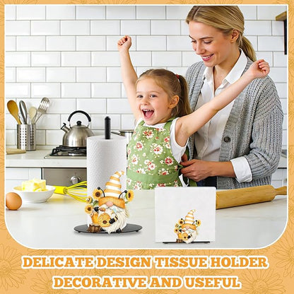 Sunflower Gnome Paper Towel Holder, Gnome Honey Bees Countertop Kitchen Decor Indoor with Round Base, Gnomes Lover Gifts, Iron Gnomes Napkin Holder Stand Accessories for Bathroom Kitchen Dining, 2 PCS