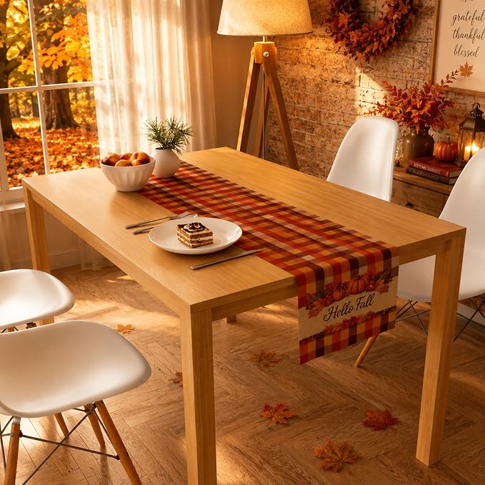 Fall Decor - Hello Fall Pumpkin Plaid Table Runner - Image 5