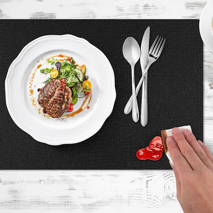 Placemats Set of 8, Washable Heat Resistant Table Placemats Wipeable Faux Leather Place Mats Non Slip, Waterproof Square Table Mats for Indoor Outdoor, Black